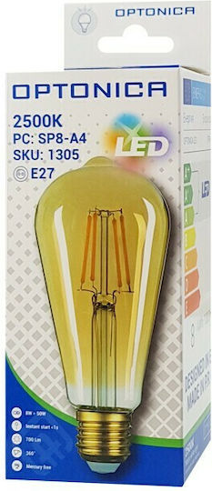 Optonica Λάμπα LED 8W 140mm για Ντουί E27 και Σχήμα ST64 Θερμό Λευκό 400lm