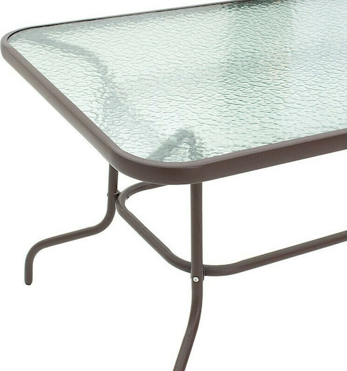 Valor Outdoor Dinner Free Standing Table with Glass Surface and Metal Frame Brown 140x80x70cm