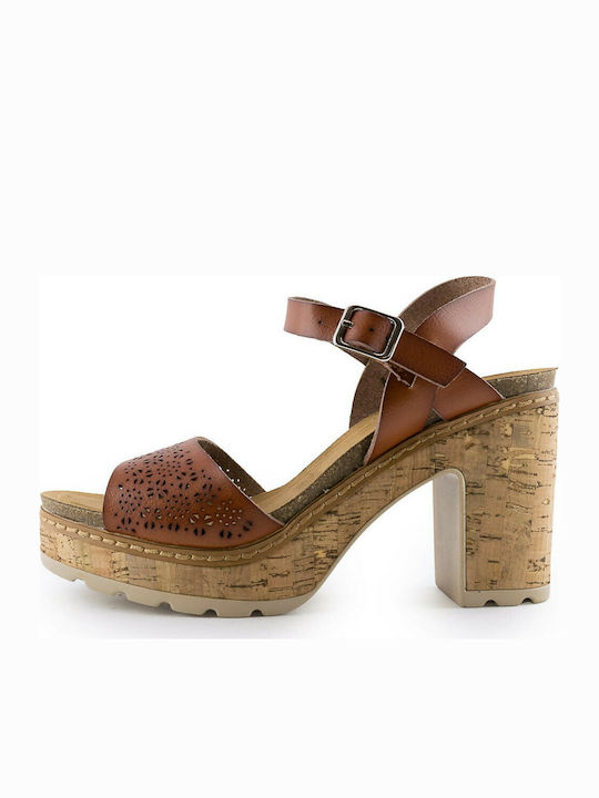 Refresh Platform Leather Women's Sandals Brown with Chunky High Heel