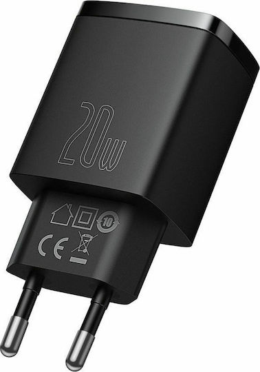 Baseus Charger Without Cable with USB-A Port and USB-C Port 20W Power Delivery / Quick Charge 3.0 Blacks (Compact)