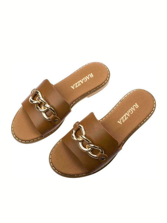 Leather Women's Flat Sandals Anatomic in Tabac Brown Color