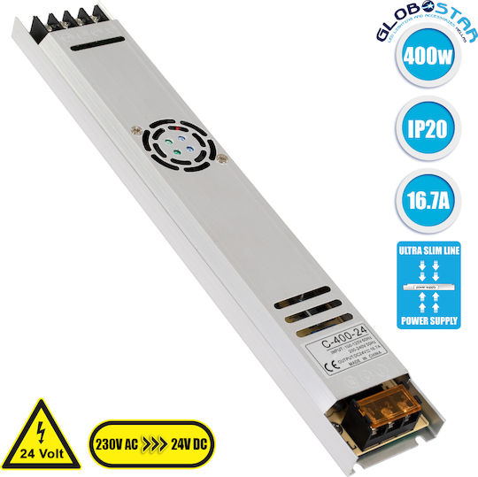 GloboStar Adjustable Dimmable LED Power Supply IP20 Power 400W with Output Voltage 24V 31x5.4x2.3cm 16.7A