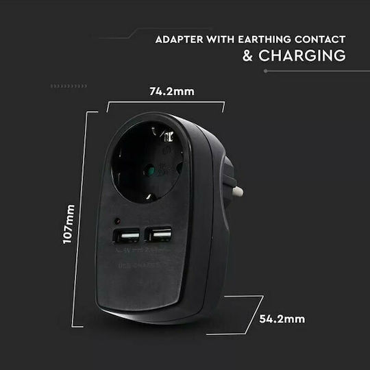 V-TAC Einzelne Steckdose mit 2 USB-A und Kabel 1.5m