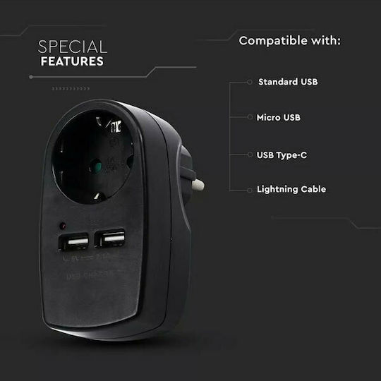 V-TAC Einzelne Steckdose mit 2 USB-A und Kabel 1.5m