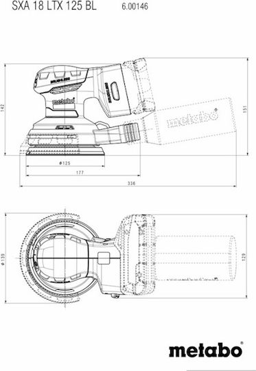 Metabo 600146850 Έκκεντρο Τριβείο Χούφτας 125mm Μπαταρίας 18V Solo με Ρύθμιση Ταχύτητας και με Σύστημα Αναρρόφησης