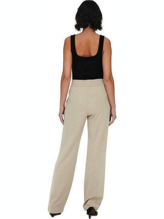 Only Γυναικείο Ψηλόμεσο Υφασμάτινο Παντελόνι Regular Fit Μπεζ
