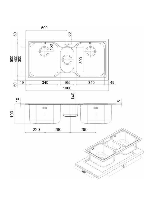 Apell Anniversario 8312 8312-110 Drop-In Sink Inox Satin W100xD50cm Silver