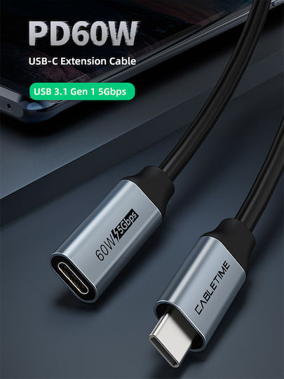 Cabletime CMCM60 USB 3.0 Cable USB-C male - USB-C female 60W PD Γκρι 0.5m