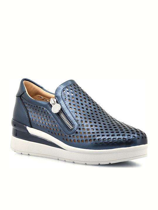 STONEFLY WOMEN'S LEATHER ANATOMICAL SNEAKER, PERFORATED WITH ZIPPER, 3 CM WEDGE SOLE 213825, BLUE-NAVY, Woman