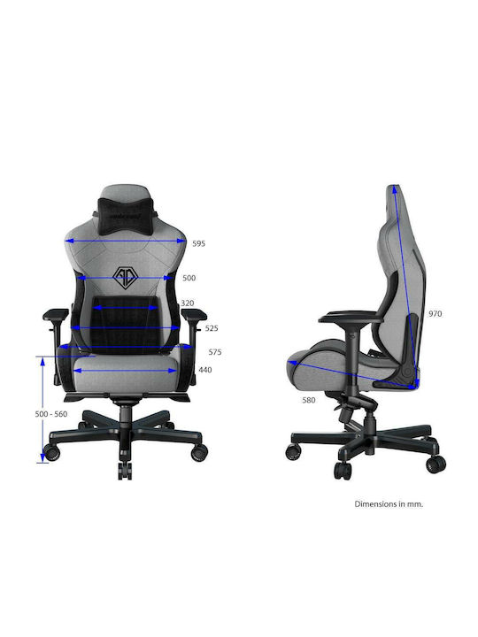 Anda Seat AD12XLLA T-Pro II Υφασμάτινη Καρέκλα Gaming με Ρυθμιζόμενα Μπράτσα Μαυρο/Γκρι