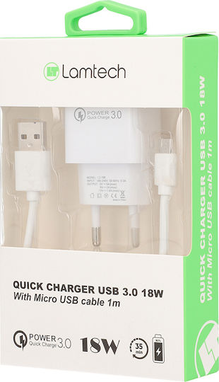 Lamtech Φορτιστής με Θύρα USB-A και Καλώδιο micro USB 18W Quick Charge 3.0 Λευκός (LAM021974)