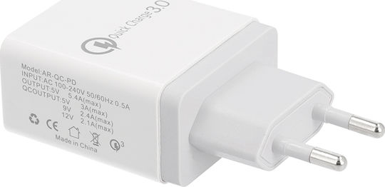 Lamtech Φορτιστής Χωρίς Καλώδιο με 2 Θύρες USB-A και Θύρα USB-C 15W Power Delivery / Quick Charge 3.0 Λευκός (LAM022001)