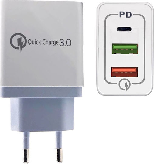Lamtech Φορτιστής Χωρίς Καλώδιο με 2 Θύρες USB-A και Θύρα USB-C 15W Power Delivery / Quick Charge 3.0 Λευκός (LAM022001)
