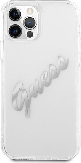 Guess Vintage Script Silver Umschlag Rückseite Kunststoff Transparent (iPhone 12 / 12 Pro)