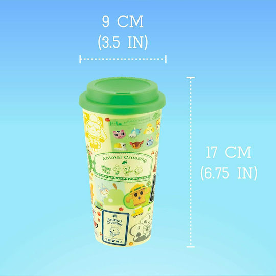 Paladone Animal Crossing Travel Glass Thermos Plastic 450ml Green with Mouthpiece