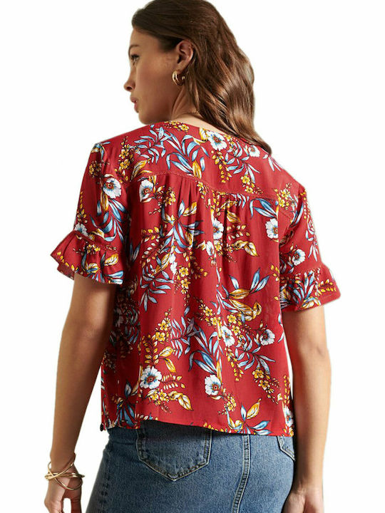 Superdry Damen Sommer Bluse Kurzärmelig mit V-Ausschnitt Rot
