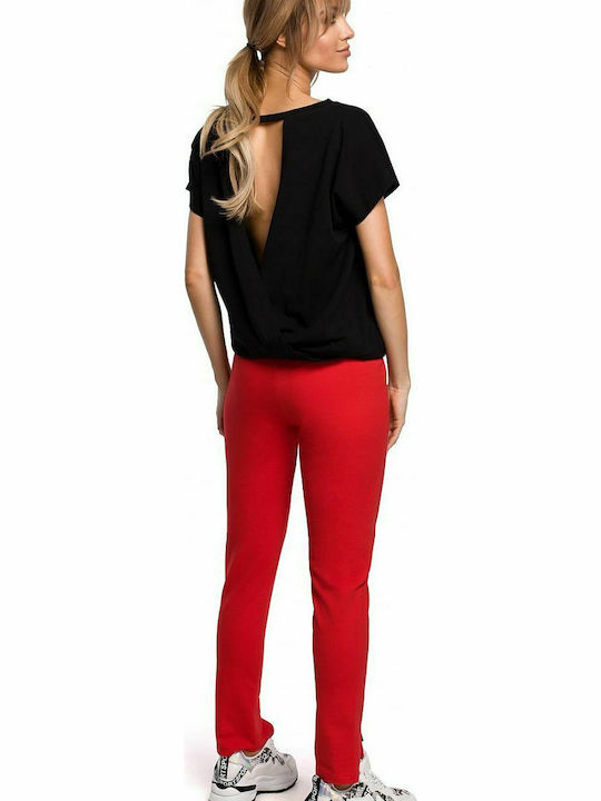 MOE M493 Women's High-waisted Cotton Trousers with Elastic in Straight Line Red MOE493