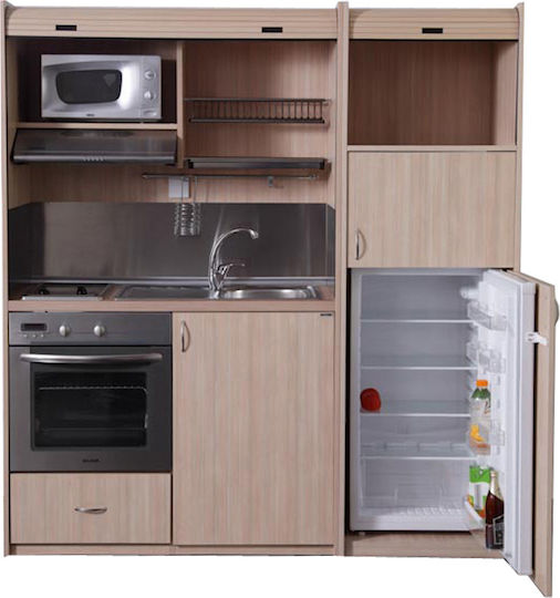 Silver ΚΣ190 Kitchenette with Right Sink Bowl 190x65x204cm Oak με Ρόζους με Μεγάλο Ψυγείο & Φούρνο