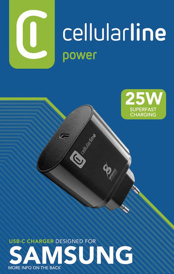 Cellular Line Ladegerät ohne Kabel mit USB-C Anschluss 25W Stromlieferung Schwarzs (ACHSMUSBCPD25WK)