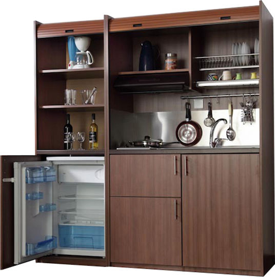 Silver K190 K190-FOU-GRE-Aluminum Kitchenette with Right Sink Bowl 190x65x209cm Gray Aluminum with Small Refrigerator