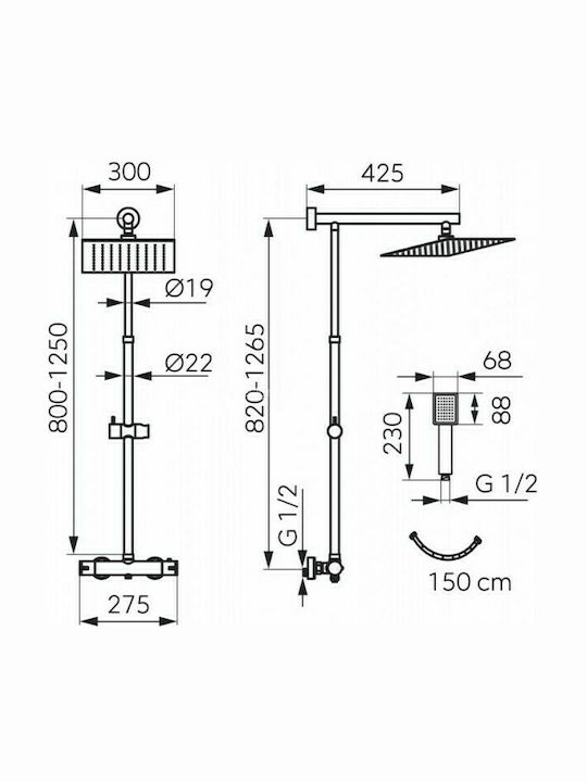 Ferro Trevi Square Регулируема Стълб за душ с Батерия 80 - 125cm Черен