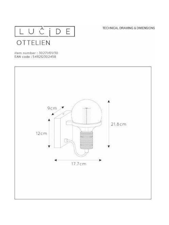 Lucide Lightning Ottelien Modern Lamp Wall with Socket E27 Black 17.7cm