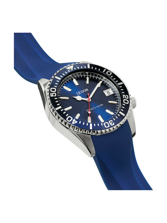 Le Dom Diver's Men's Watch 44mm Battery with Blue Rubber Strap