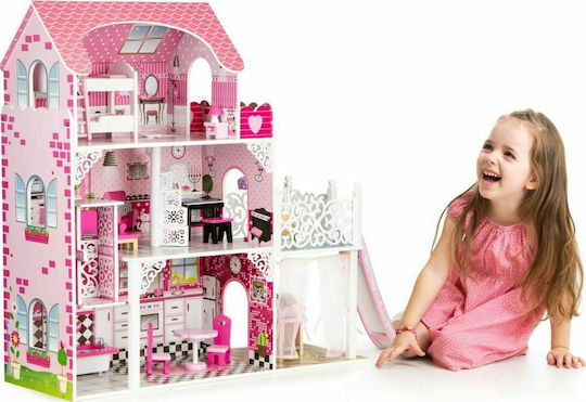 Ecotoys Μεγάλο Ξύλινο Κουκλόσπιτο Με Έπιπλα,Ασανσέρ Και Τσουλήθρα Ξύλινο Κουκλόσπιτο