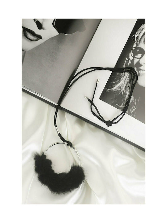 Black Necklace with Circular Decoration and Fur