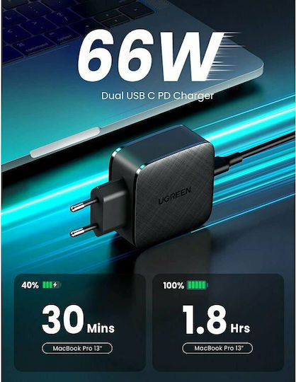 Ugreen Incarcător Fără Cablu GaN Cu 2 Porturi De Ieșire USB-C 66W Livrarea Energiei Quick Charge 2.0 Quick Charge 3.0 Negru (CD216)