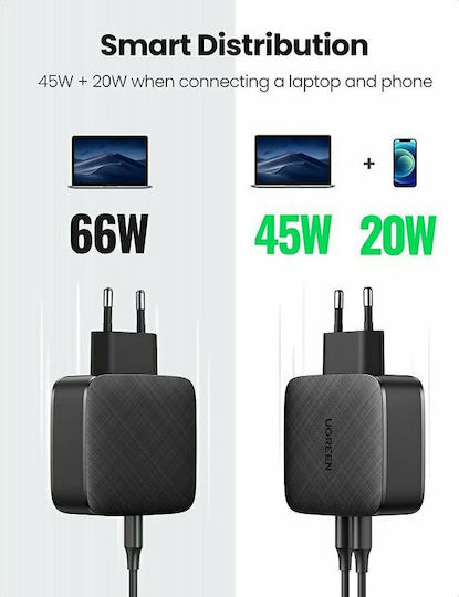 Ugreen Incarcător Fără Cablu GaN Cu 2 Porturi De Ieșire USB-C 66W Livrarea Energiei Quick Charge 2.0 Quick Charge 3.0 Negru (CD216)