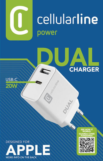 Cellular Line Зарядно без кабел с USB-A порт и USB-C порт 15W Power Delivery Бял (ACHIPHUSB2PD20WW)