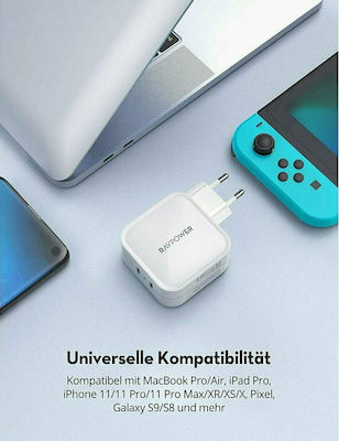 RAVPower Charger with 2 USB-C ports and USB-C Cable 90W Power Delivery in White Colour (RP-PC128)