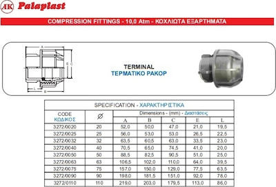 Palaplast 3272/0075 Τερματικό 10Atm Κοχλιωτό 75mm