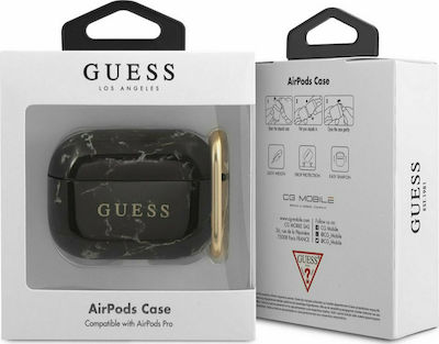 Guess Marble Case Hülle Silikon mit Haken in Schwarz Farbe für Apple AirPods Pro