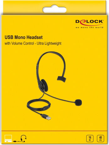 DeLock USB Mono Headset - Lightweight Auf dem Ohr Multimedia-Headsets mit Mikrofon und Verbindung USB-A in Schwarz Farbe
