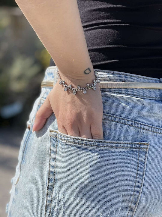 Silver 4mm Stainless Steel Bracelet with White Zircon Stones