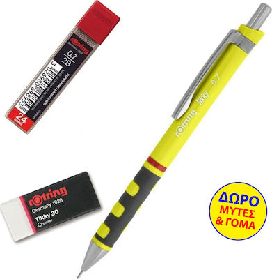 Rotring Tikky Creion mecanic de desen 0.7mm cu Radiera 3buc Neon Yellow