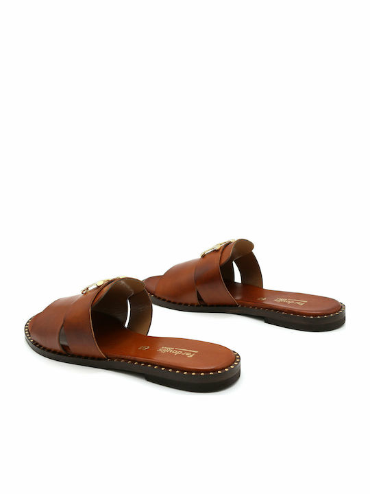 Leather Women's Flat Sandals in Tabac Brown Color