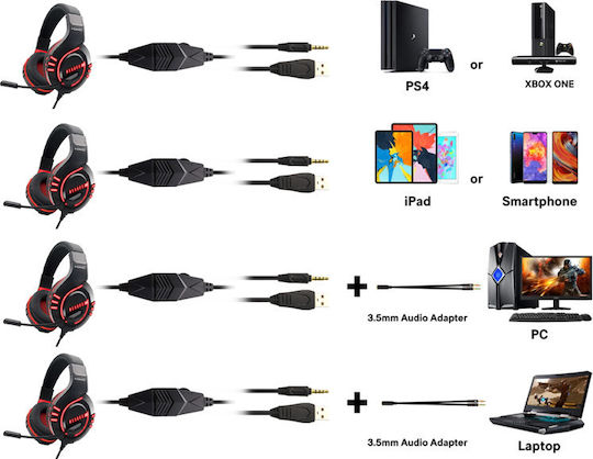 Komc G325 Over Ear Gaming Headset με σύνδεση USB / 3.5mm Black/Red