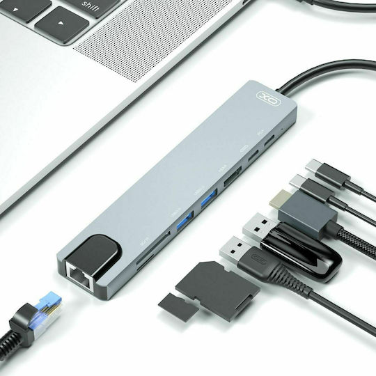 XO HUB003 USB-C Докинг станция с HDMI 4K PD Етърнет Сив