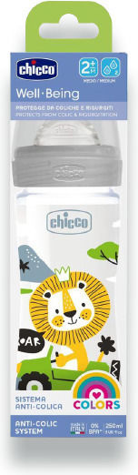 Chicco Πλαστικό Μπιμπερό Well Being Κατά των Κολικών με Θηλή Σιλικόνης 250ml για 2+ μηνών Grey Lion
