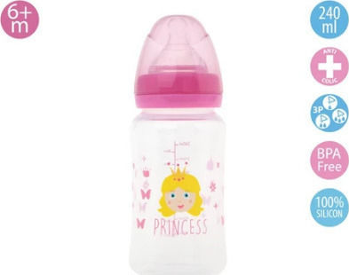 Kiokids Πλαστικό Μπιμπερό με Θηλή Σιλικόνης 240ml για 6+ μηνών Ροζ Princess