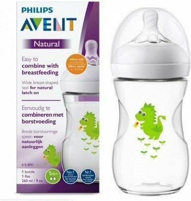Philips Biberoane Bebelusi Plastic Natural Anti-Colici cu Tetina Din Silicon pentru 1+ Luni Dragon 260ml