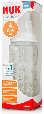 Nuk Sticlă de Sticlă pentru Bebeluși First Choice Plus Anti-Colici cu Tetină de Silicon pentru 0-6 luni White Stele 240ml 1buc 745.099