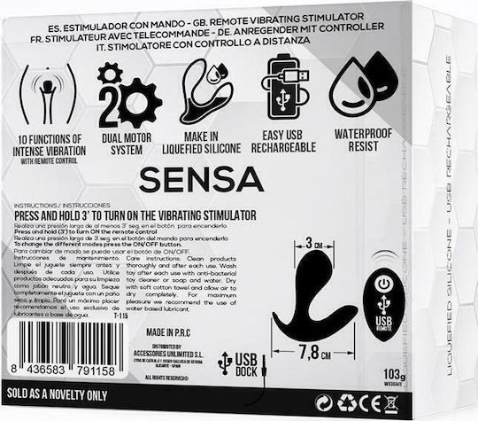 Tardenoche Sensa Stimulator Remote Control USB Liquid Silicone Vibrator Anal cu Funcție Wireless Black 7.8cm