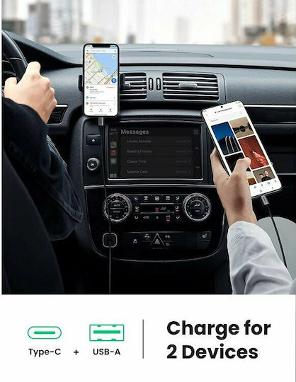 Ugreen CD130 Φορτιστής Αυτοκινήτου 24W 3A Γρήγορης Φόρτισης με Θύρες: 1xUSB 1xType-C Γκρι Χρώμα
