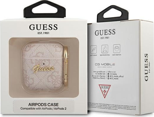 Guess Script Metal Collection Hülle Synthetisches Leder mit Haken in Rosa Farbe für Apple AirPods 1 / AirPods 2