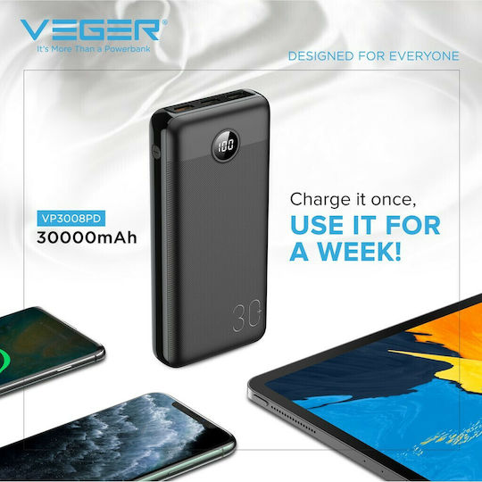 Veger L30 VP3008PD Power Bank 30000mAh 20W με 3 Θύρες USB-A και Θύρα USB-C Μαύρο