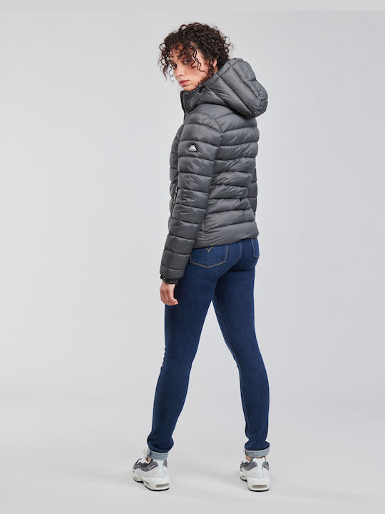 Superdry Fuji Women's Short Puffer Jacket for Winter with Hood Gray